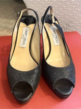 Jimmy Choo Black Sparkle Slingback Peep-Toe Heels